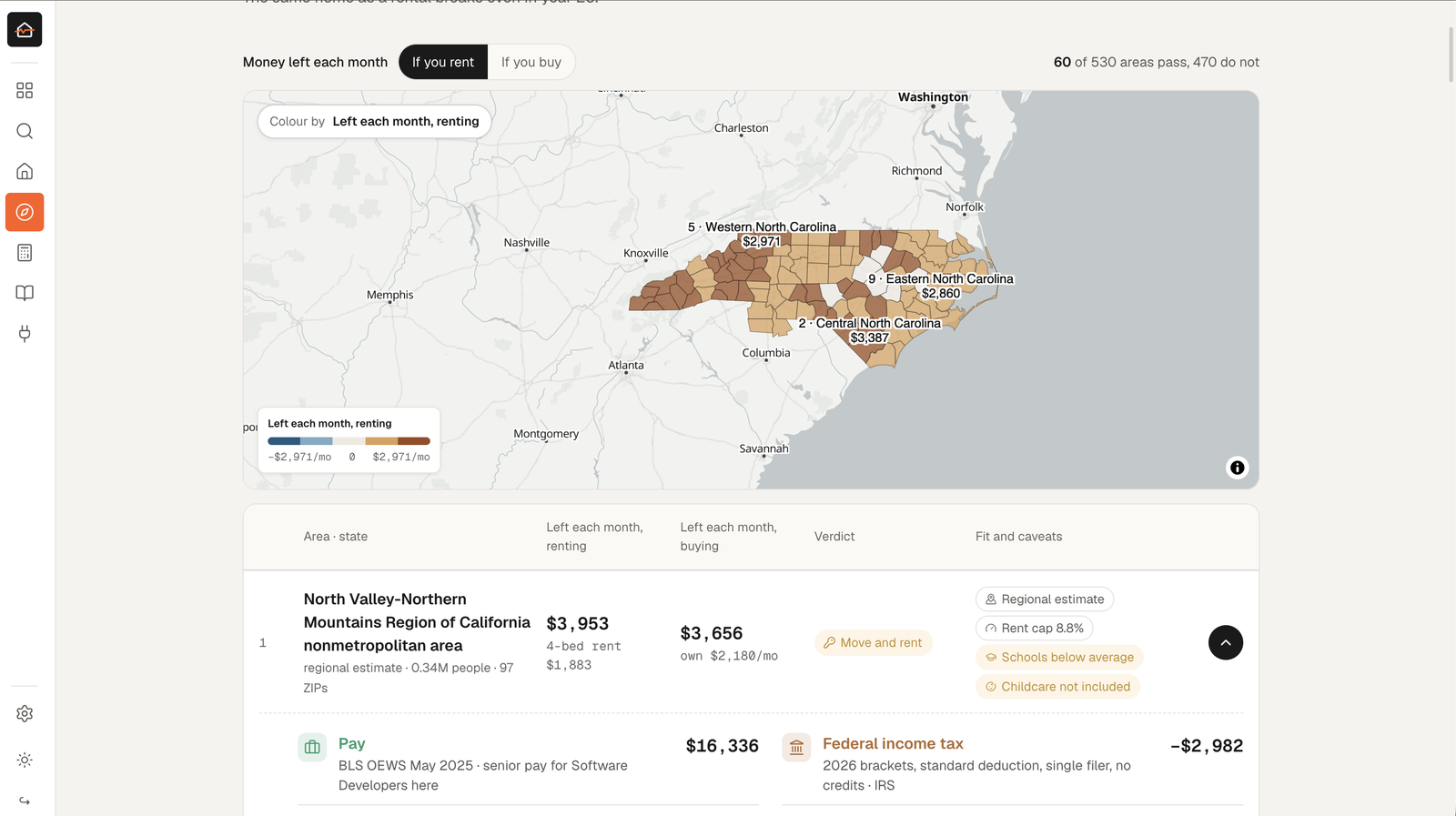 DwellSignal's Move results: US areas shaded by estimated money left each month, above a ranked table showing rent and buy figures, a verdict, and the pay and tax lines behind each area.